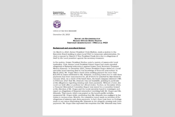 Local 9423 Hearing Officer Report