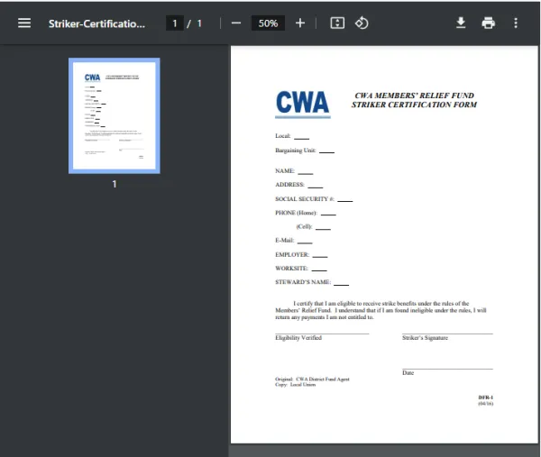 CWA MEMBERS' RELIEF FUND STRIKER CERTIFICATION FORM