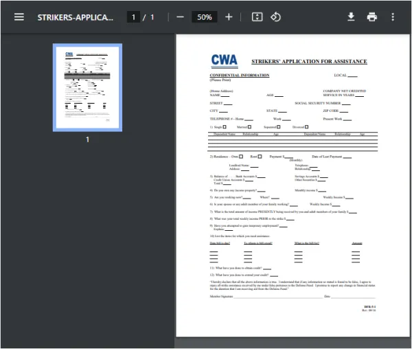 STRIKERS' APPLICATION FOR ASSISTANCE